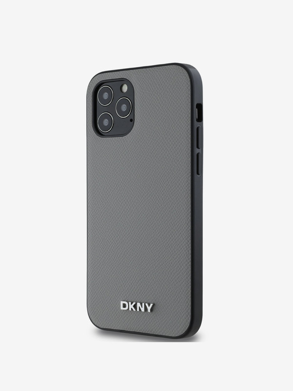 DKNY PU kožený strieborný kovový zadný kryt s logom Magsafe pre iPhone 12/12 Pro sivý DKNY