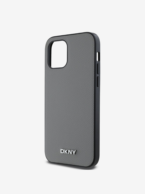 DKNY PU kožený strieborný kovový zadný kryt s logom Magsafe pre iPhone 12/12 Pro sivý DKNY