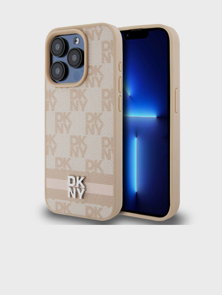 DKNY PU kožený zadný kryt so šachovnicovým vzorom a pruhmi pre iPhone 15 Pro Max Pink DKNY