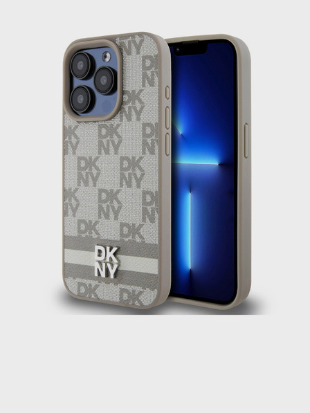DKNY PU kožený zadný kryt so šachovnicovým vzorom a pruhmi pre iPhone 14 Pro Max Beige DKNY
