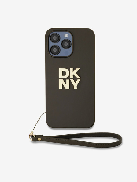 DKNY PU kožený zadný kryt s logom na zápästie pre iPhone 15 Pro Brown DKNY