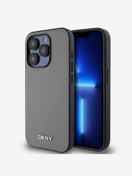 DKNY PU kožený strieborný kovový zadný kryt s logom Magsafe pre iPhone 15 Pro Max Grey DKNY