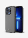 DKNY PU kožený strieborný kovový zadný kryt s logom Magsafe pre iPhone 15 Pro Max Grey DKNY