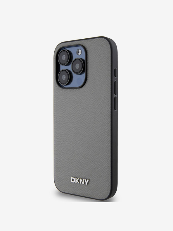 DKNY PU kožený strieborný kovový zadný kryt s logom Magsafe pre iPhone 15 Pro Max Grey DKNY