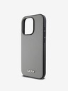 DKNY PU kožený strieborný kovový zadný kryt s logom Magsafe pre iPhone 15 Pro Max Grey DKNY