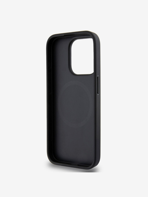 DKNY PU kožený strieborný kovový zadný kryt s logom Magsafe pre iPhone 15 Pro Max Grey DKNY