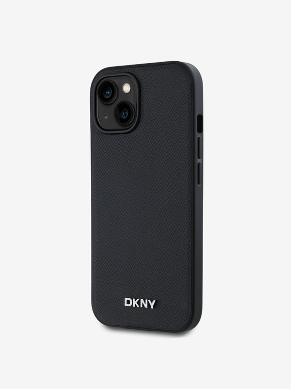 DKNY PU kožený strieborný kovový zadný kryt s logom Magsafe pre iPhone 14 čierny DKNY