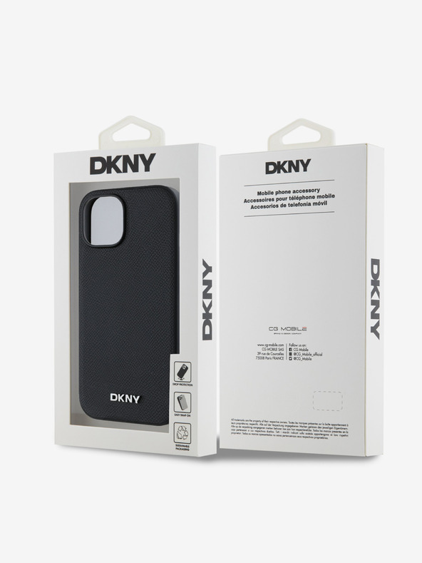 DKNY PU kožený strieborný kovový zadný kryt s logom Magsafe pre iPhone 14 čierny DKNY