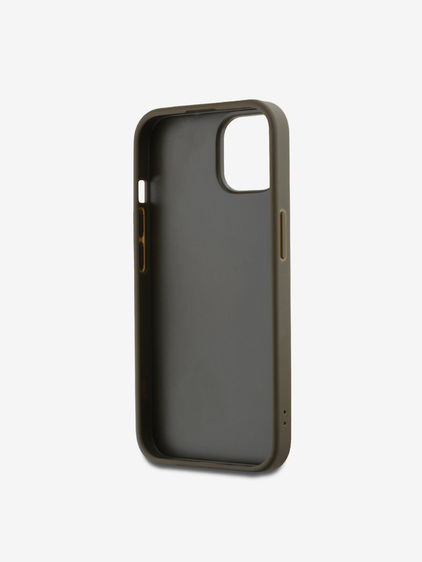 DKNY PU kožený zadný kryt s logom Stack Wrist Strap pre iPhone 13 hnedý DKNY