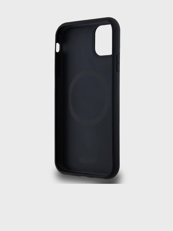 DKNY PU kožený zadný kryt Repeat Pattern Bottom Stripe MagSafe pre iPhone 11 Black DKNY