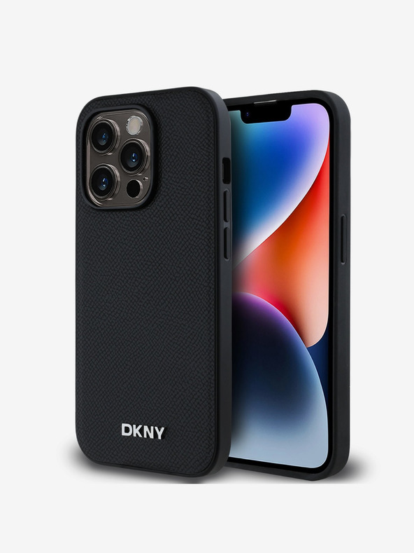 DKNY PU kožený strieborný kovový zadný kryt s logom Magsafe pre iPhone 14 Pro čierny DKNY