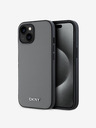 DKNY PU kožený strieborný kovový zadný kryt s logom Magsafe pre iPhone 14 sivý DKNY