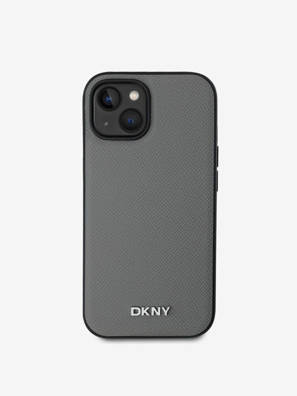 DKNY PU kožený strieborný kovový zadný kryt s logom Magsafe pre iPhone 14 sivý DKNY
