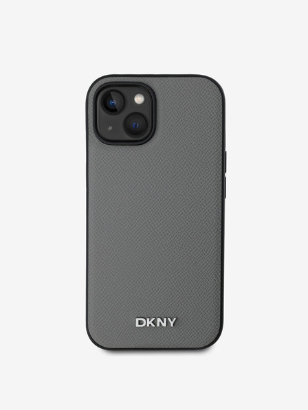 DKNY PU kožený strieborný kovový zadný kryt s logom Magsafe pre iPhone 14 sivý DKNY