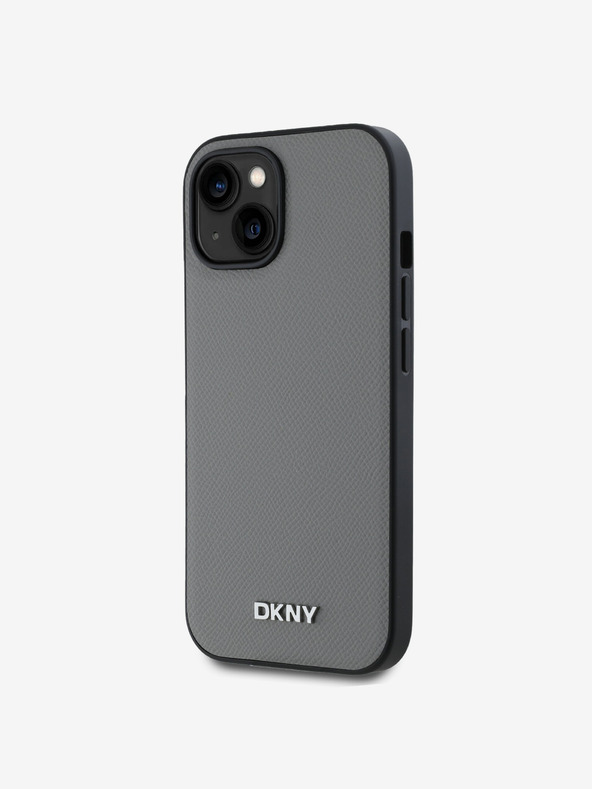DKNY PU kožený strieborný kovový zadný kryt s logom Magsafe pre iPhone 14 sivý DKNY