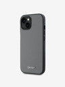 DKNY PU kožený strieborný kovový zadný kryt s logom Magsafe pre iPhone 14 sivý DKNY