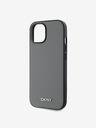 DKNY PU kožený strieborný kovový zadný kryt s logom Magsafe pre iPhone 14 sivý DKNY