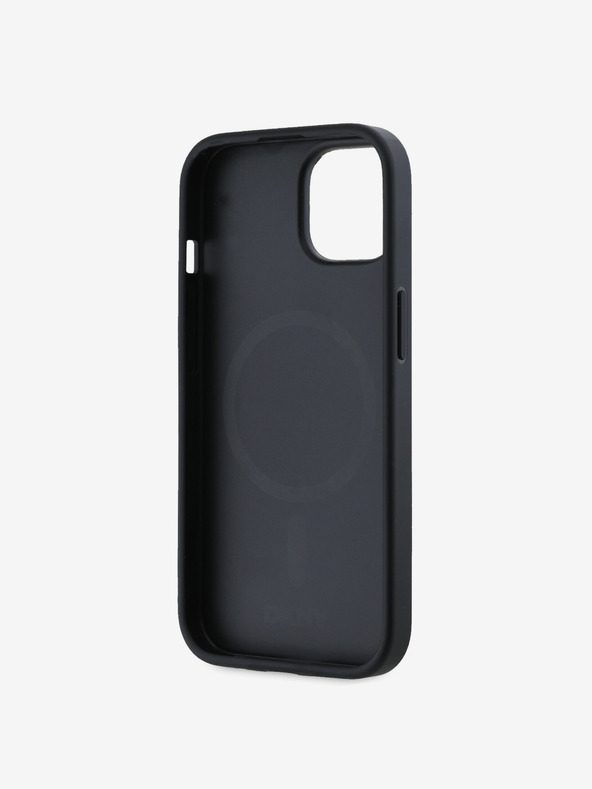 DKNY PU kožený strieborný kovový zadný kryt s logom Magsafe pre iPhone 14 sivý DKNY