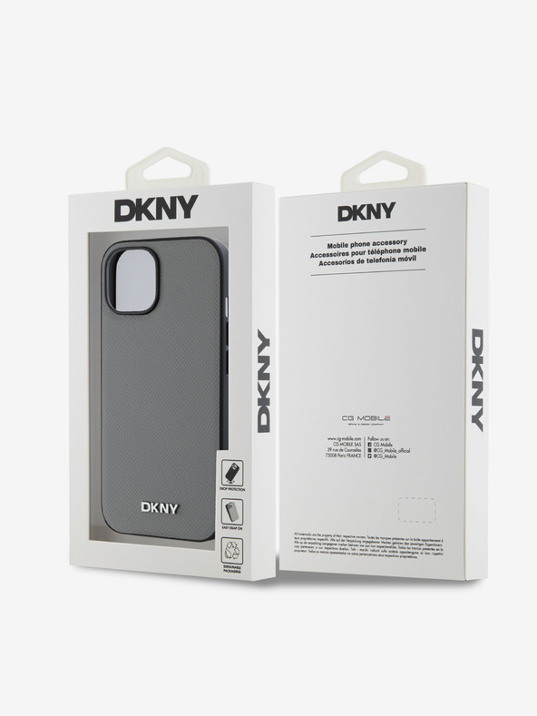 DKNY PU kožený strieborný kovový zadný kryt s logom Magsafe pre iPhone 14 sivý DKNY