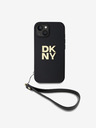 DKNY PU kožený zadný kryt s logom Stack Wrist Strap pre iPhone 14 čierny DKNY