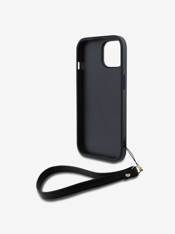 DKNY PU kožený zadný kryt s logom Stack Wrist Strap pre iPhone 14 čierny DKNY