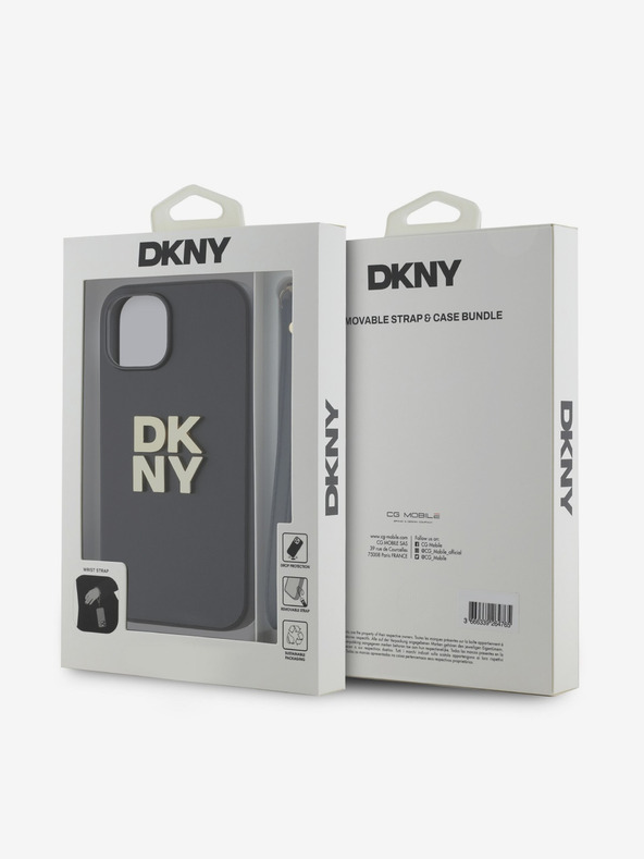 DKNY PU kožený zadný kryt s logom Stack Wrist Strap pre iPhone 14 čierny DKNY