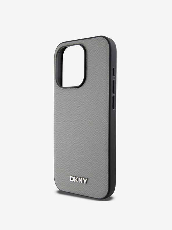 DKNY PU kožený strieborný kovový zadný kryt s logom Magsafe pre iPhone 14 Pro Grey DKNY
