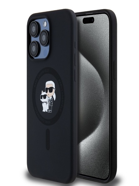 Karl Lagerfeld Tekutý silikón Karl a Choupette Magsafe zadný kryt pre iPhone 15 Pro Max čierny Karl Lagerfeld