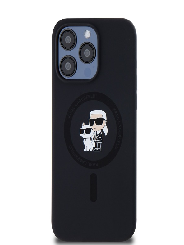 Karl Lagerfeld Tekutý silikón Karl a Choupette Magsafe zadný kryt pre iPhone 15 Pro Max čierny Karl Lagerfeld