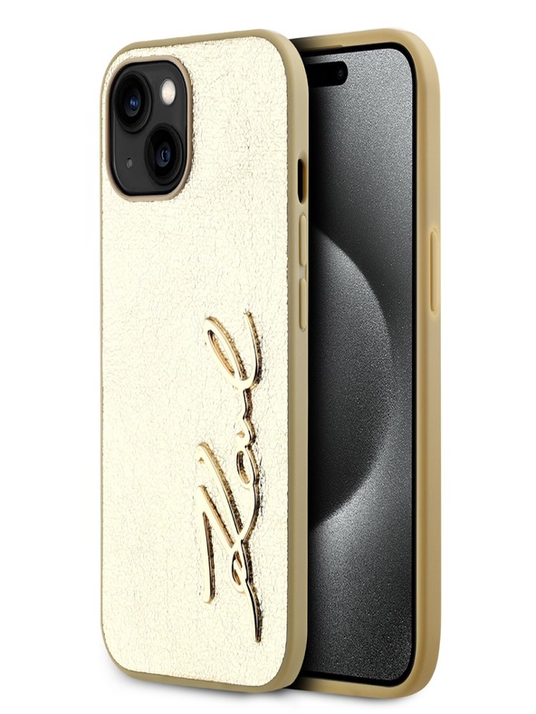 Karl Lagerfeld PU zadný kryt so zvrásneným podpisom a logom pre iPhone 15 zlatý Karl Lagerfeld