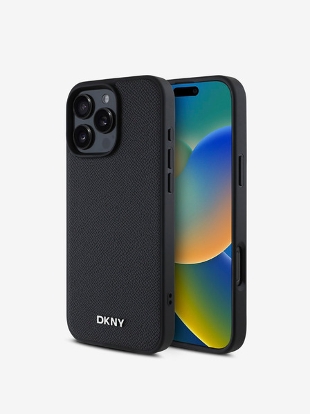 DKNY DKNY PU kožený strieborný zadný kryt s kovovým logom Magsafe pre iPhone 16 Pro Max Black