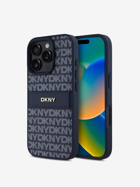 DKNY DKNY PU kožený zadný kryt s opakujúcim sa vzorom s tónovým pruhom pre iPhone 16 Pro modrý