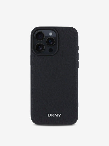 DKNY DKNY PU kožený strieborný kovový zadný kryt s logom Magsafe pre iPhone 16 Pro čierny
