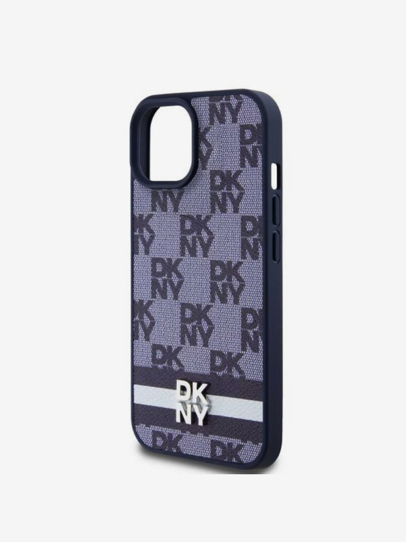 DKNY DKNY PU kožený zadný kryt so šachovnicovým vzorom a pruhmi pre iPhone 15 modrý