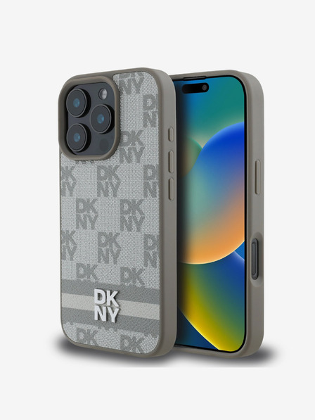 DKNY DKNY PU kožený károvaný vzor a pruhovaný zadný kryt pre iPhone 16 Pro Max béžový