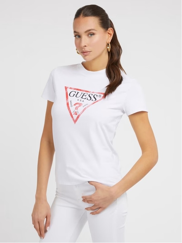 Guess Jeans Dámske biele tričko big triangle logo G011 Guess jeans