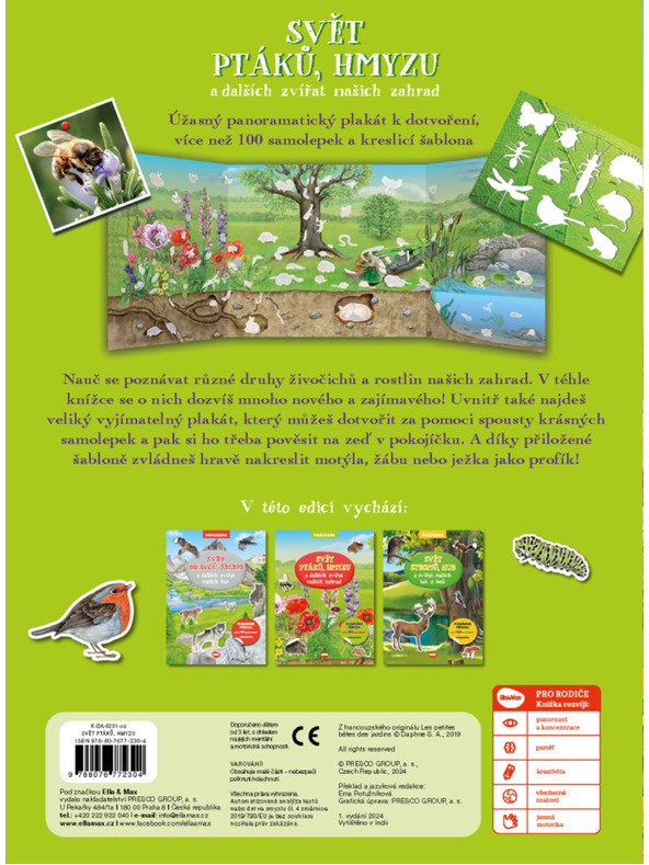 ELLA & MAX SVET Vtákov, húb a iných živočíchov našich záhrad - Kniha s plagátom a samolepkami