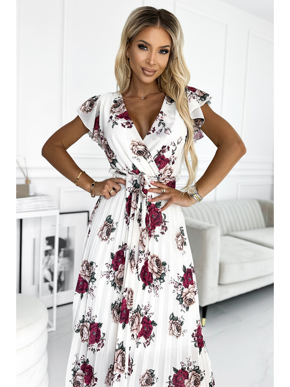 numoco Plisované midi šaty so výstrihom a volánmi - tmavo červené ruže