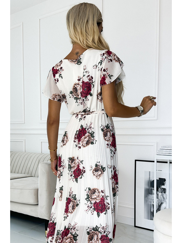 numoco Plisované midi šaty so výstrihom a volánmi - tmavo červené ruže