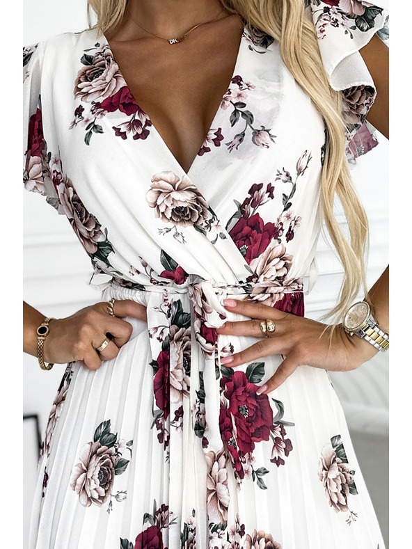 numoco Plisované midi šaty so výstrihom a volánmi - tmavo červené ruže