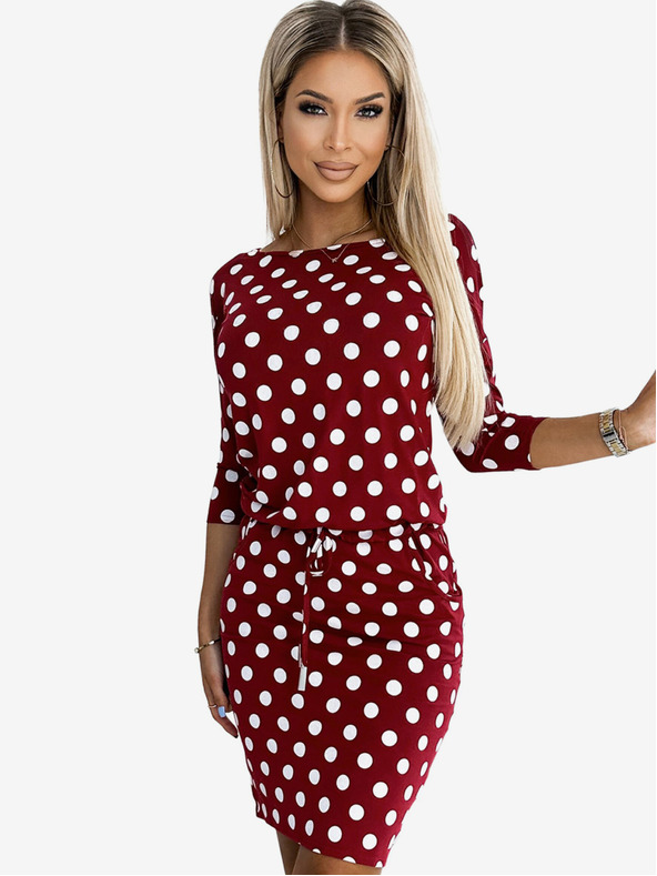 numoco Športové šaty so zaväzovaním a vreckami - bordová + bodky Numoco