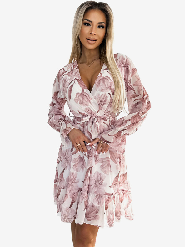 numoco Šifónové šaty s výstrihom, volánmi a opaskom - béžové kvety Numoco