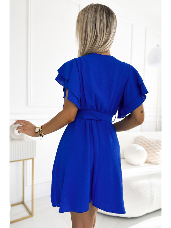 numoco Modré dámske šaty s ceruzkovým výstrihom, rukávmi a opaskom Numoco