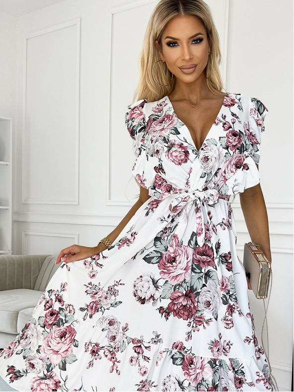 numoco Šaty s volánom, výstrihom a viazaním - biele s bordovými ružami Numoco GABRIELLA