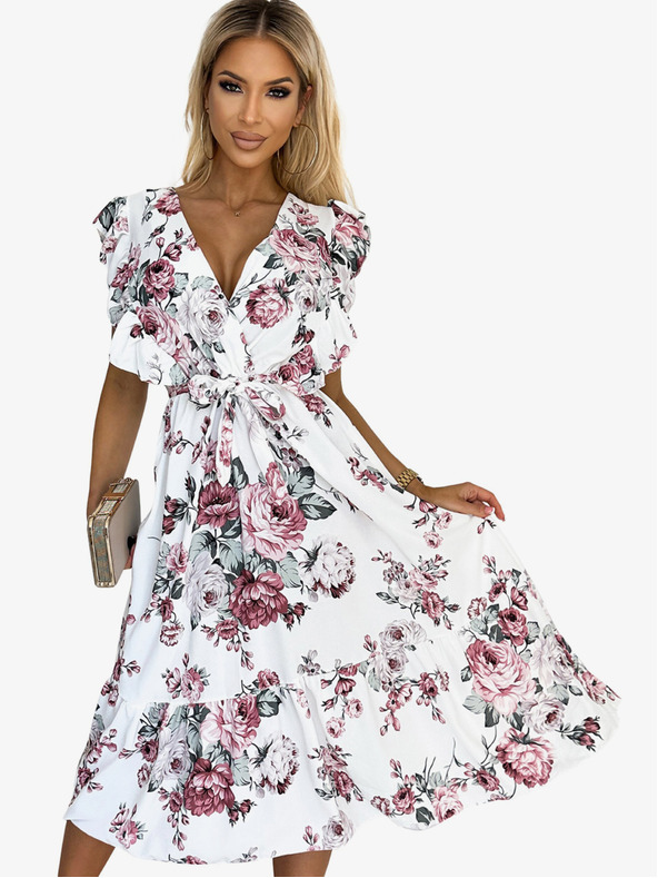 numoco Šaty s volánom, výstrihom a viazaním - biele s bordovými ružami Numoco GABRIELLA