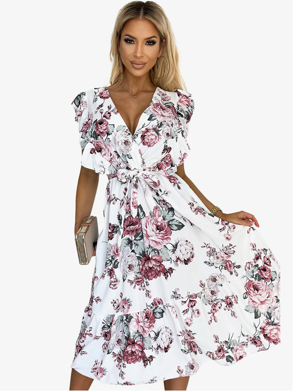 numoco Šaty s volánom, výstrihom a viazaním - biele s bordovými ružami Numoco GABRIELLA