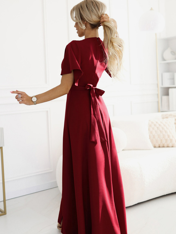 numoco Numoco dámske bordové dlhé šaty s rozparkom, rukávmi a výstrihom