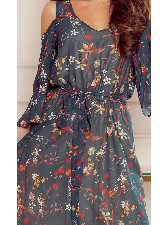 numoco Zelené dámske kvetované šaty s výstrihom Numoco