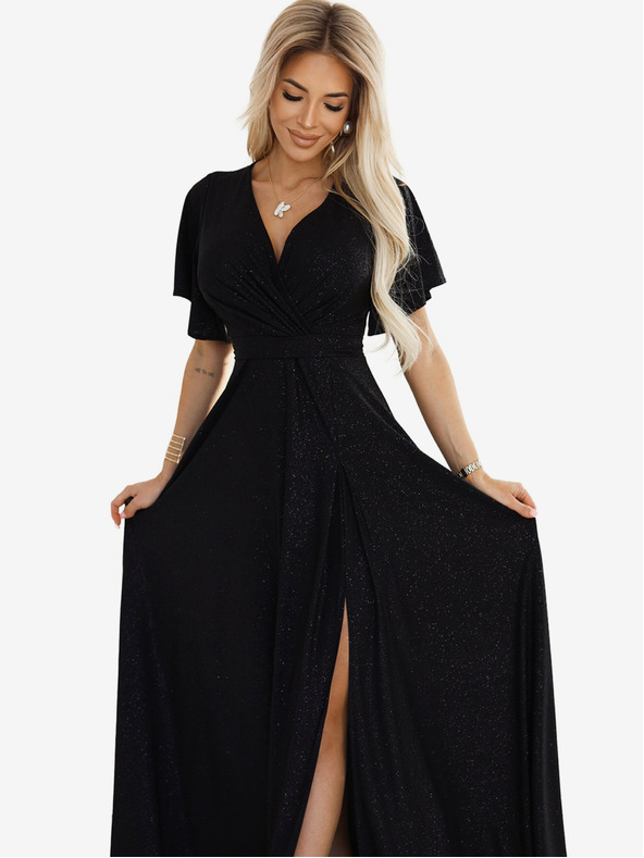 numoco Čierne dámske lesklé dlhé šaty s rukávmi a výstrihom Numoco