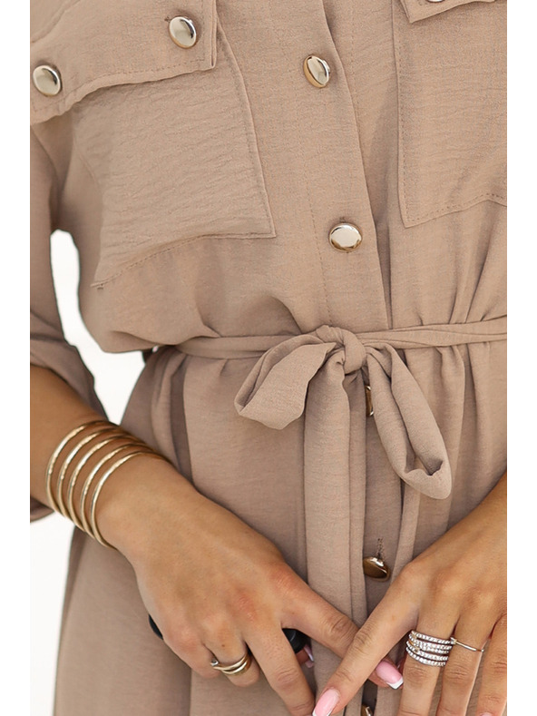 numoco Košeľové midi šaty so zlatými gombíkmi a viazankou - MOCHA MOUSSE